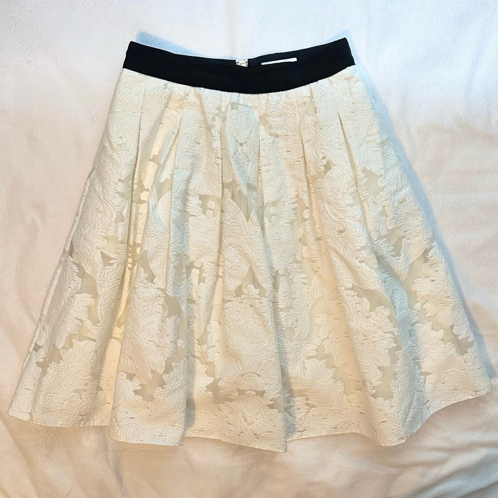Ted Baker Jacquard Brocade A-line Full Mini Skirt 2 ivory black waistband flare